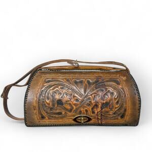 Vintage Tooled Leather Shoulder Bag - Western 70s Satchel Boho Hippie Festival